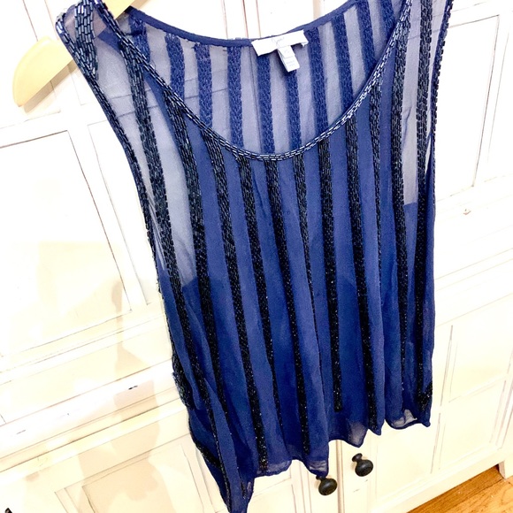 Joie NWOT SILK Sequin Tank Navy Blue XS Top Shirt Camisole Sheer Sparkly - Picture 2 of 14